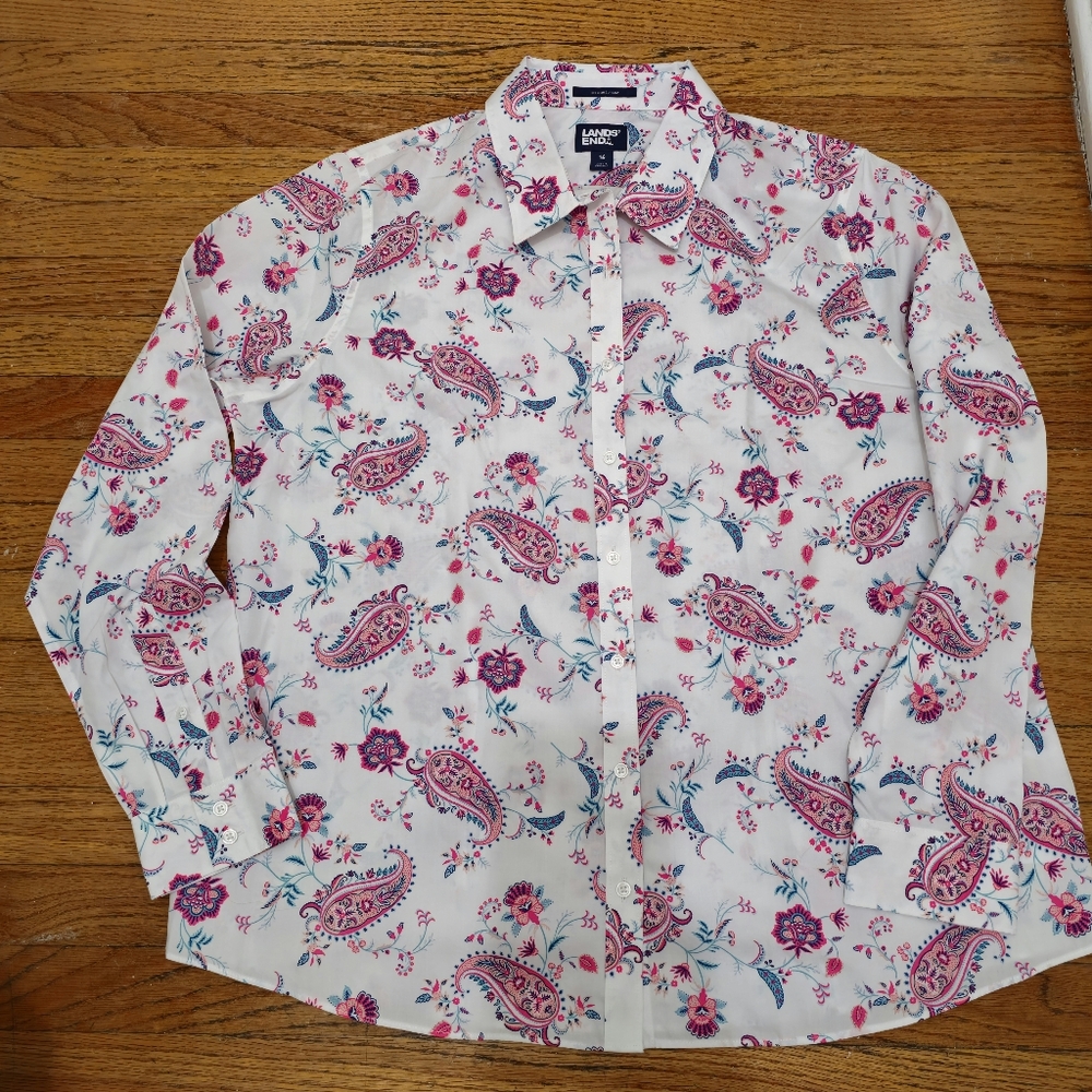 Lands' End Women WHITE PAISLEY FLORAL Shirt Size 16